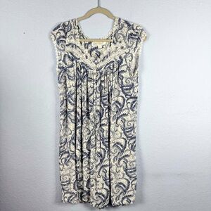 Eileen West Sleeveless Blue White Paisley Nightgown Lace Trim Medium